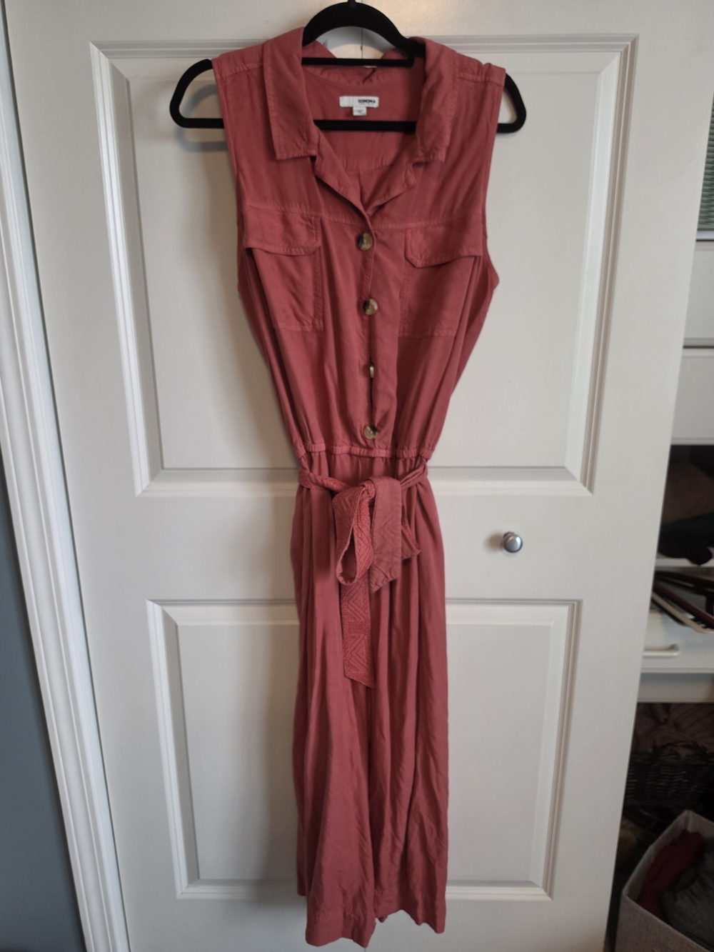 Sleeveless Collared jumpsuit in salmon pink orange embroidered belt coveralls